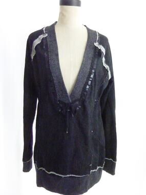 DKNY Active Womens Size M Black V Neck Long Sleeve Tunic Sweater Top Metallic